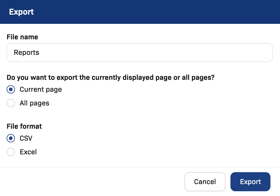 Export reports modal