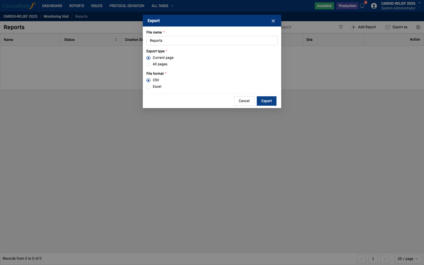 Export reports modal