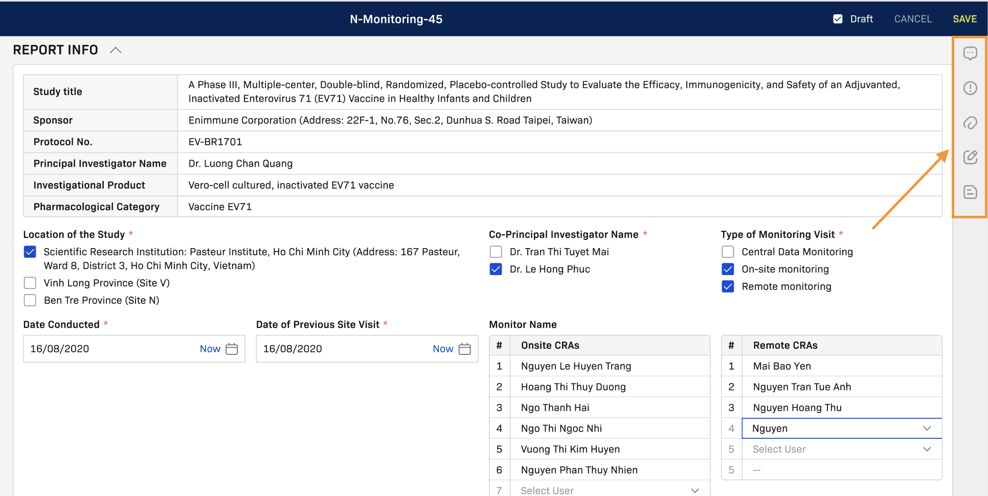 Report detail with CRF sections