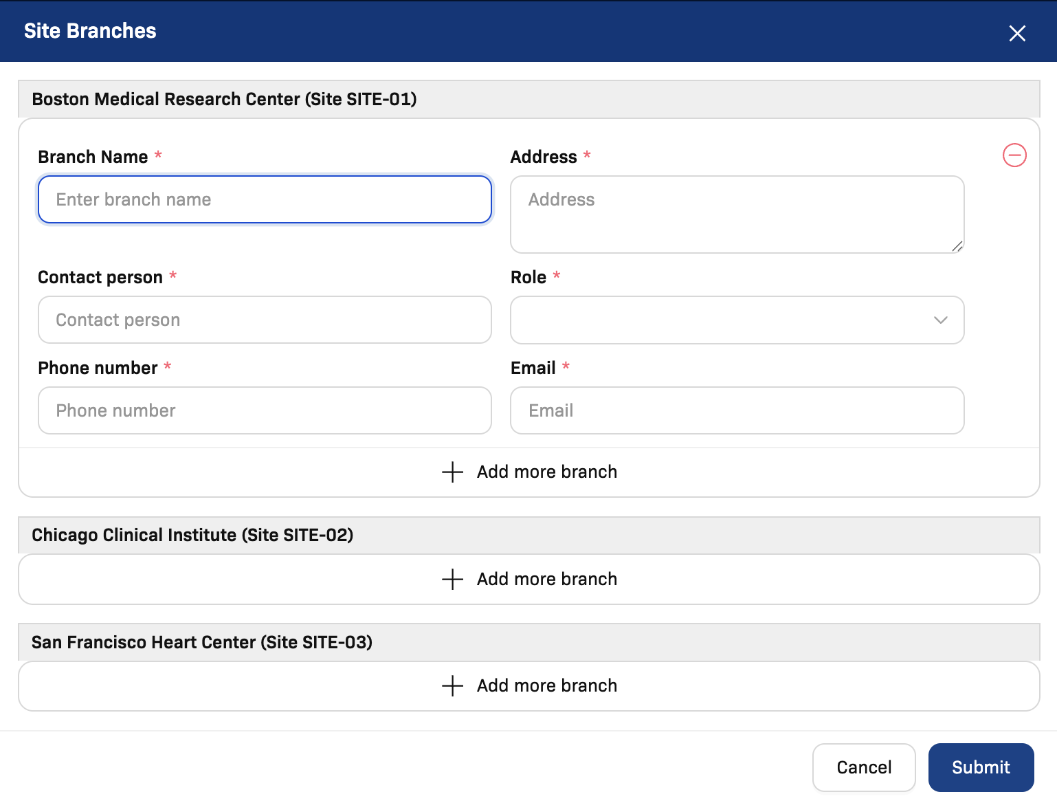 Site branches edit modal