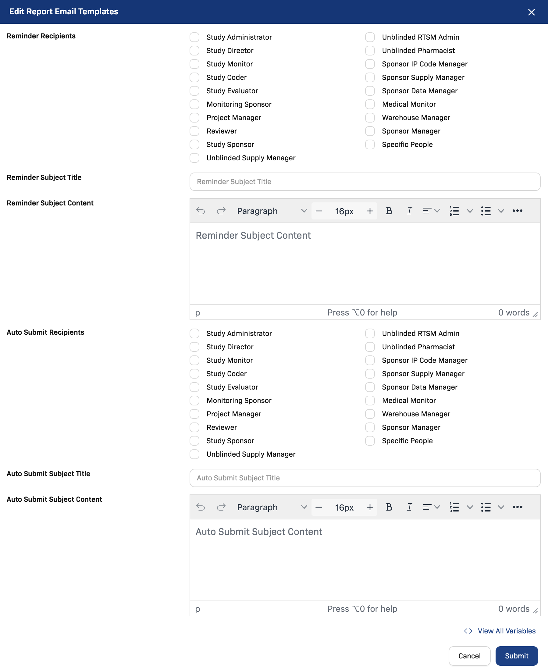 Email template edit modal