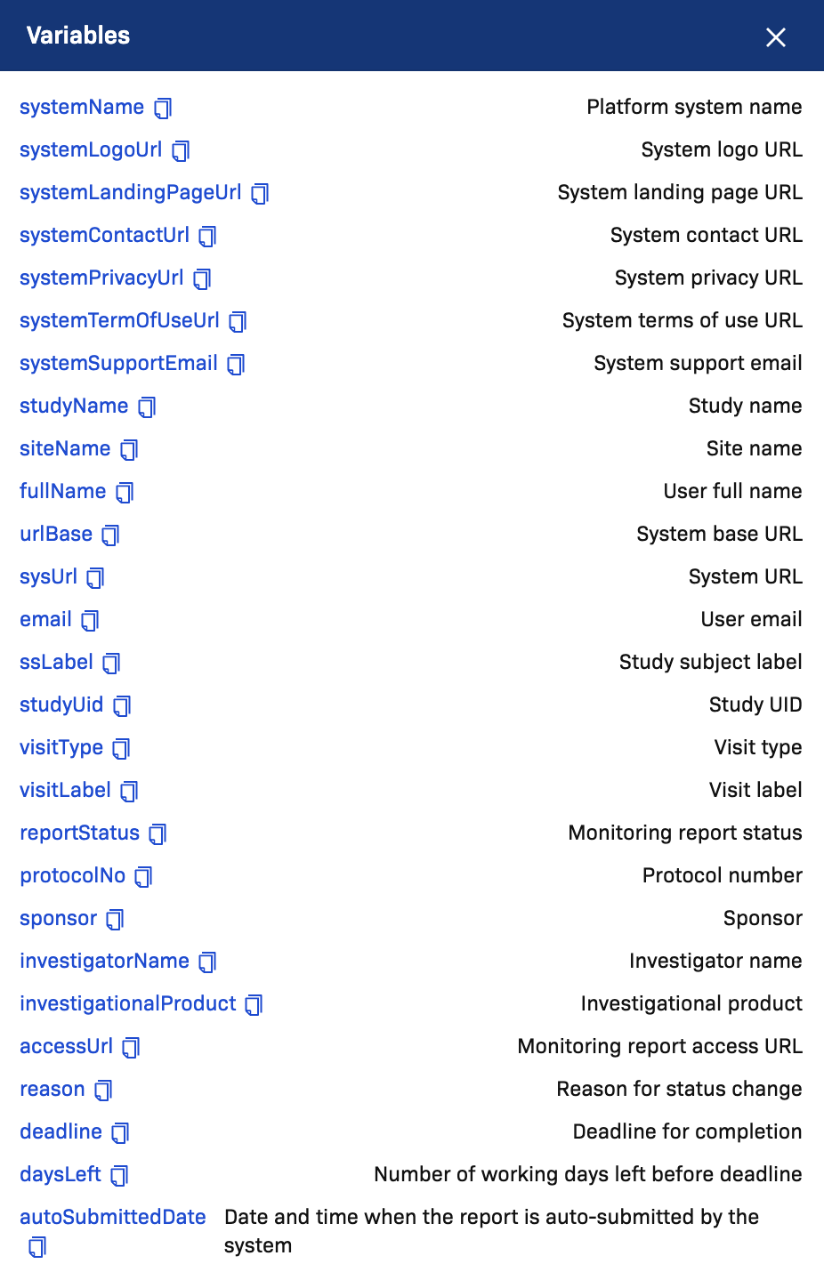 Email template variables reference