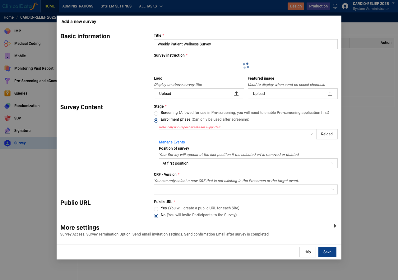 Add a new survey form — Survey Content section with Enrollment phase selected, showing Event and CRF fields