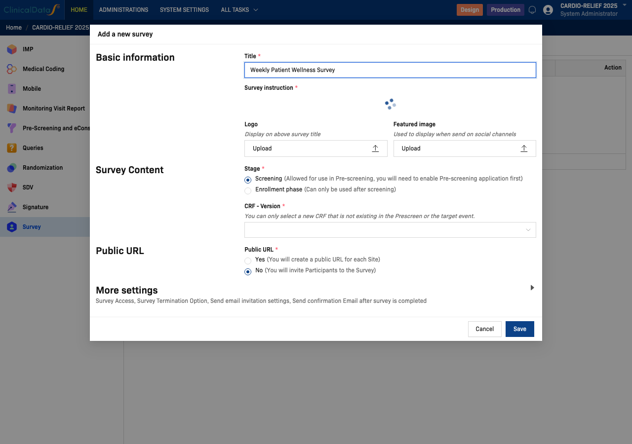 Add a new survey form — Basic information section with Title and Survey instruction fields