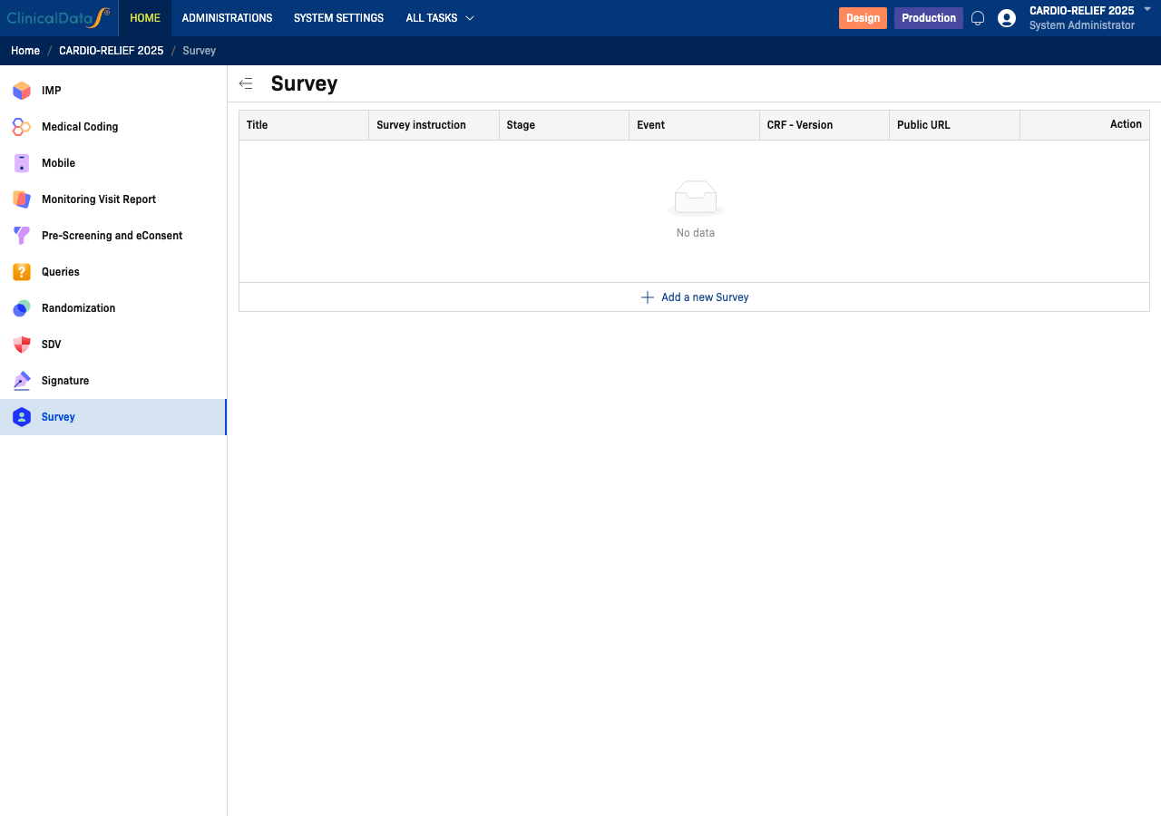 Survey configuration — empty table with Add a new Survey button