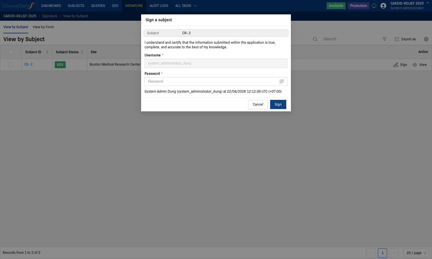 Sign subject dialog opened