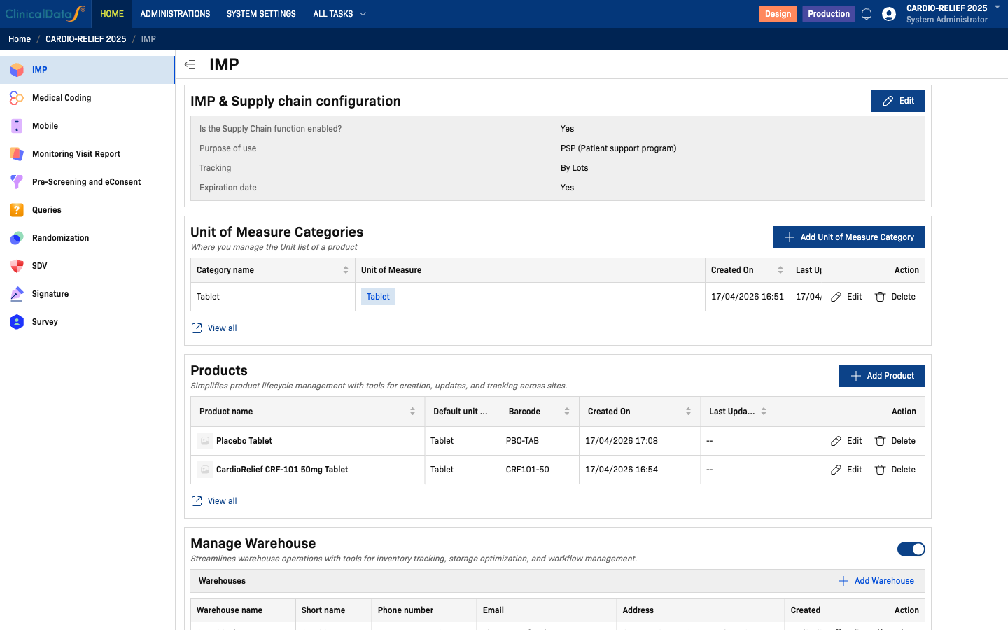 IMP configuration page top — Supply Chain and Unit of Measure sections