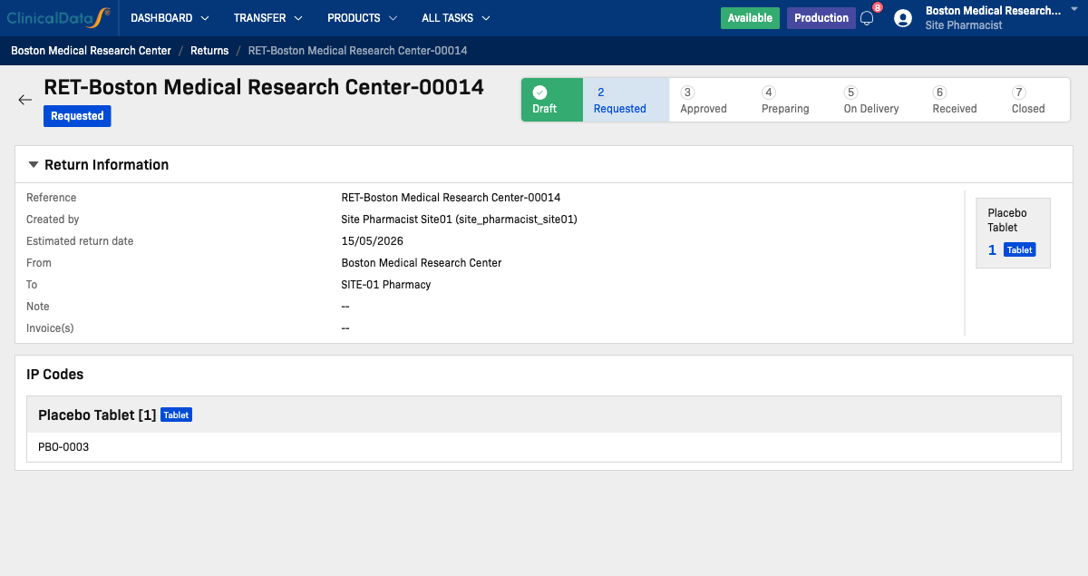 Requested return — Site Pharmacist view