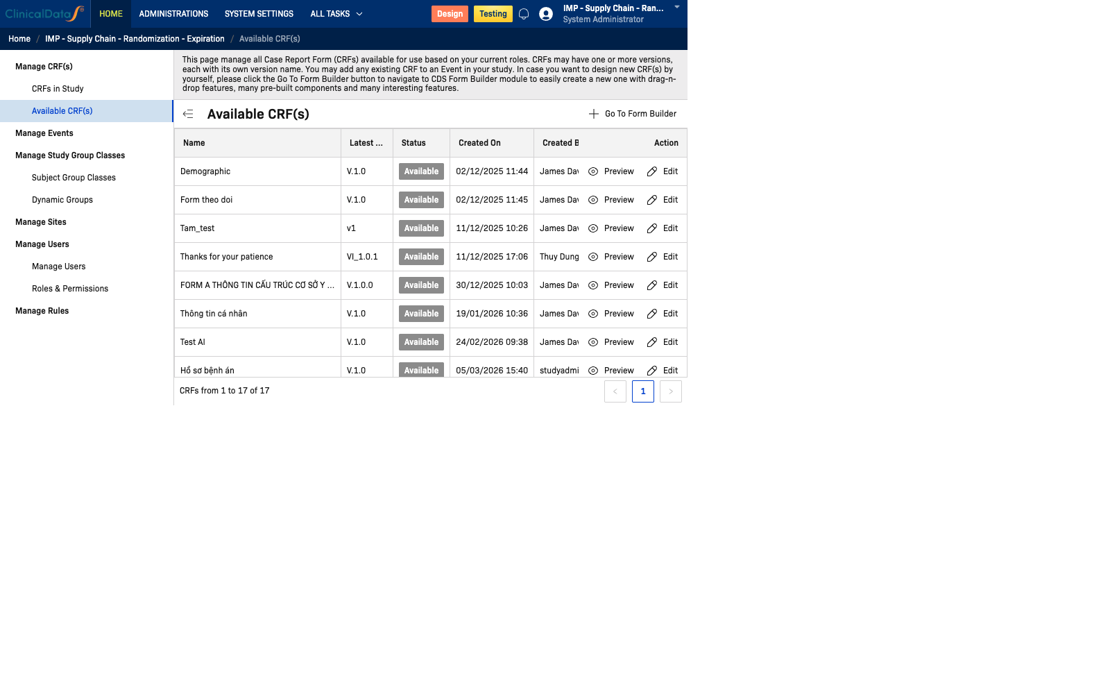 Available CRFs Page