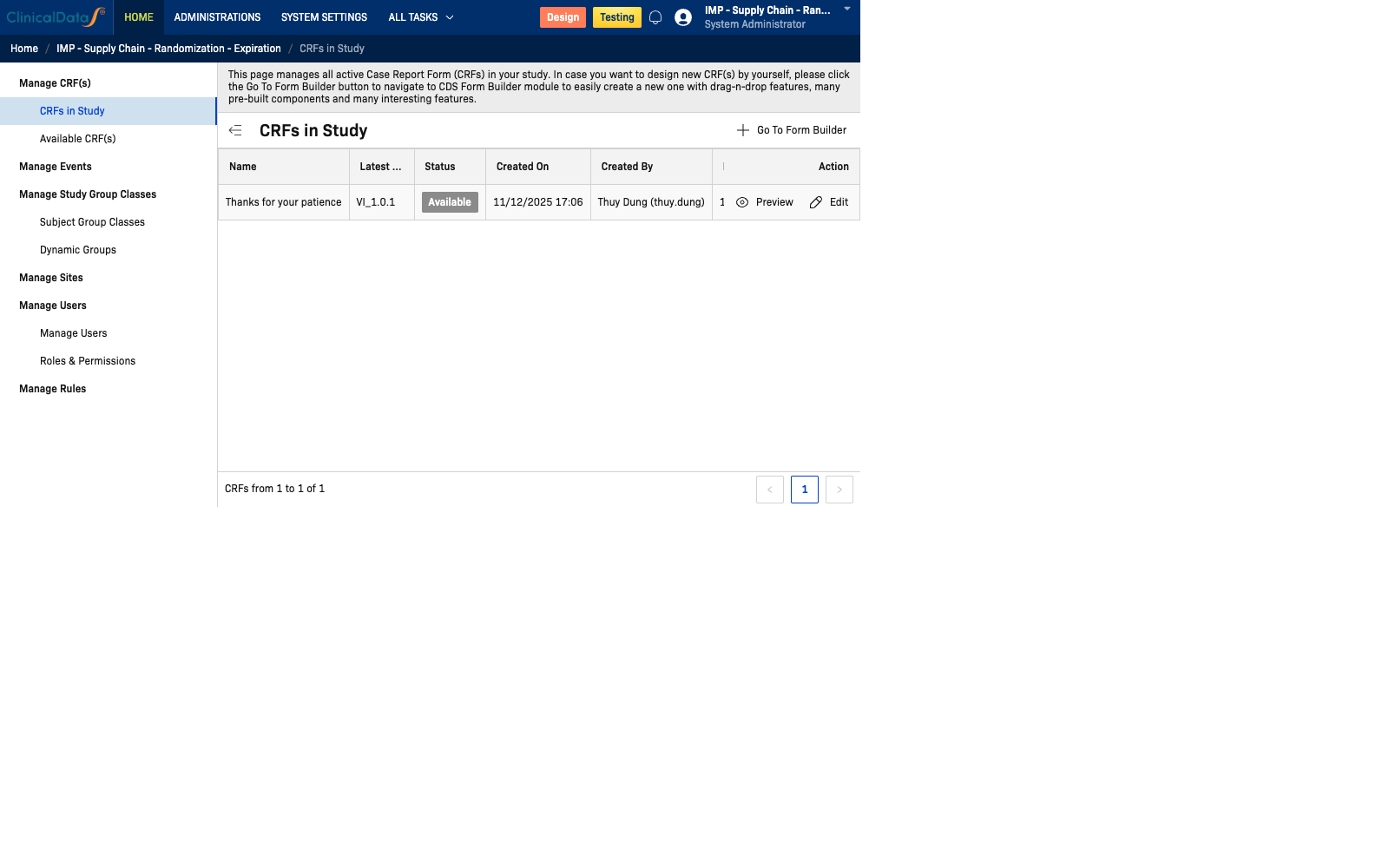 CRFs in Study Page