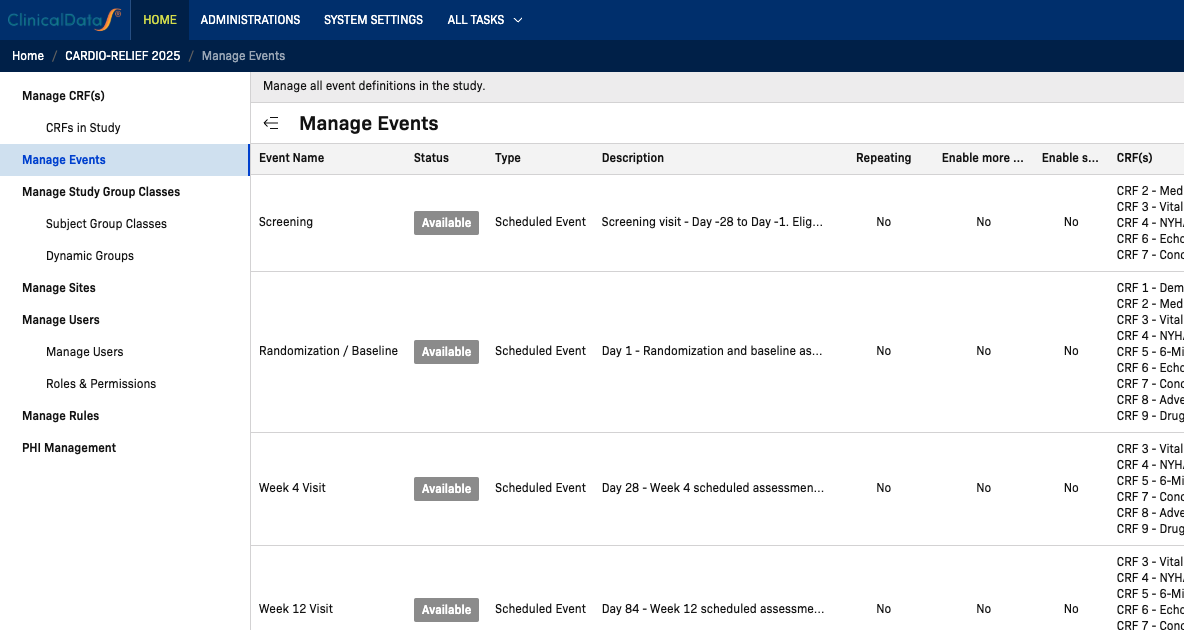 Manage Events Page