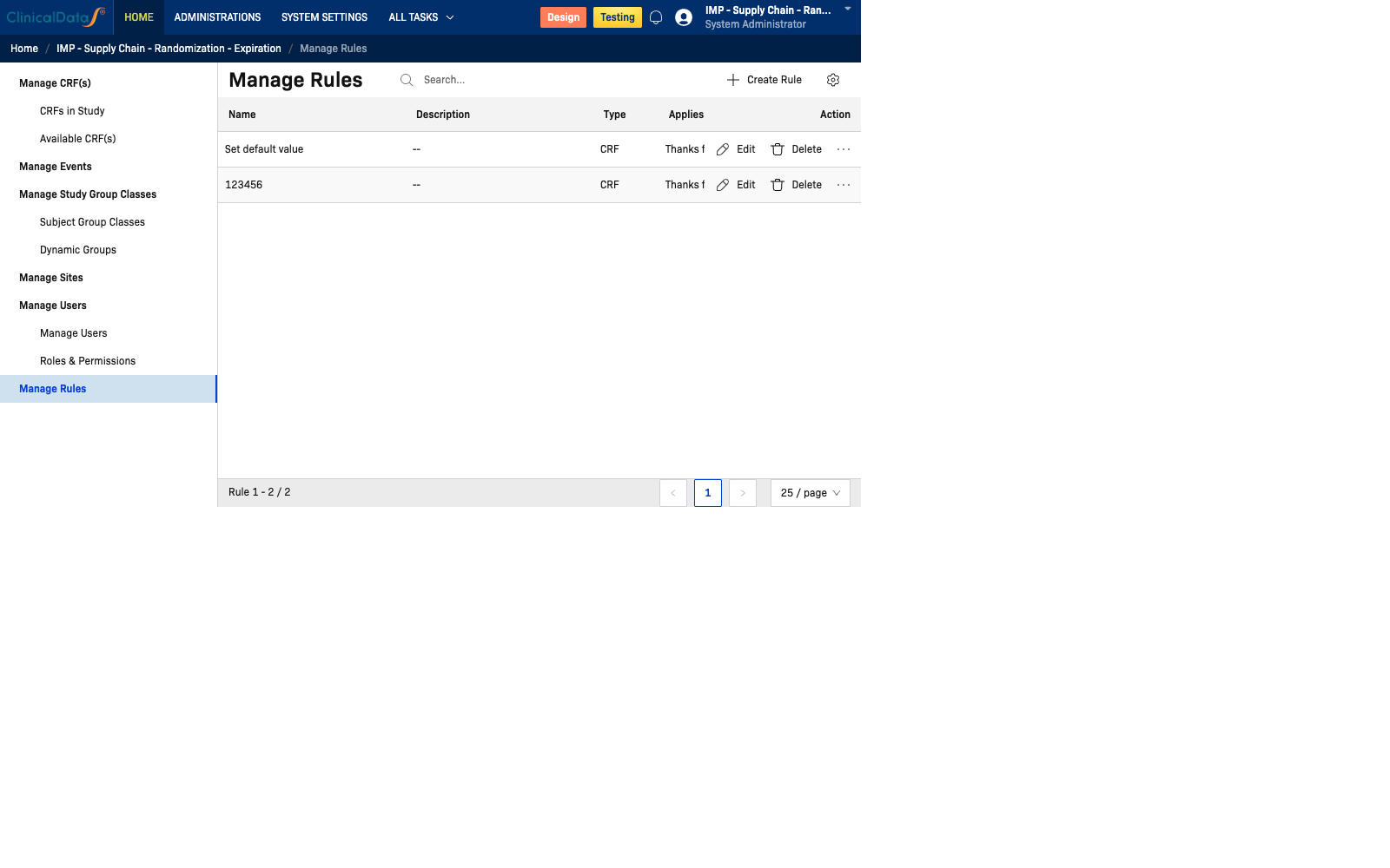 Manage Rules Page