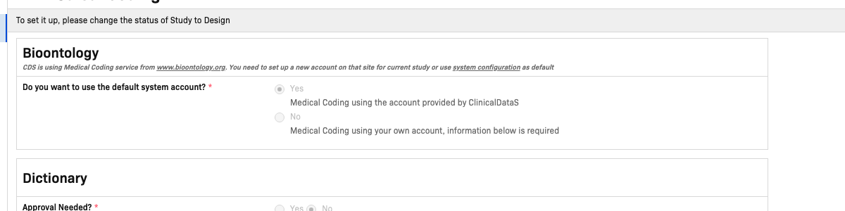 Bioontology section with the No option showing that additional account fields are required below
