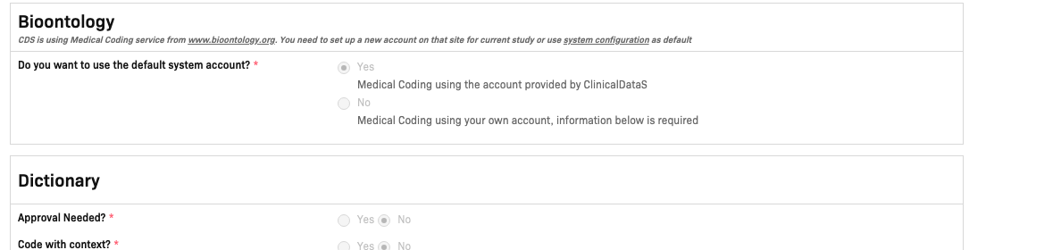 Bioontology section showing the default system account question and Yes/No options