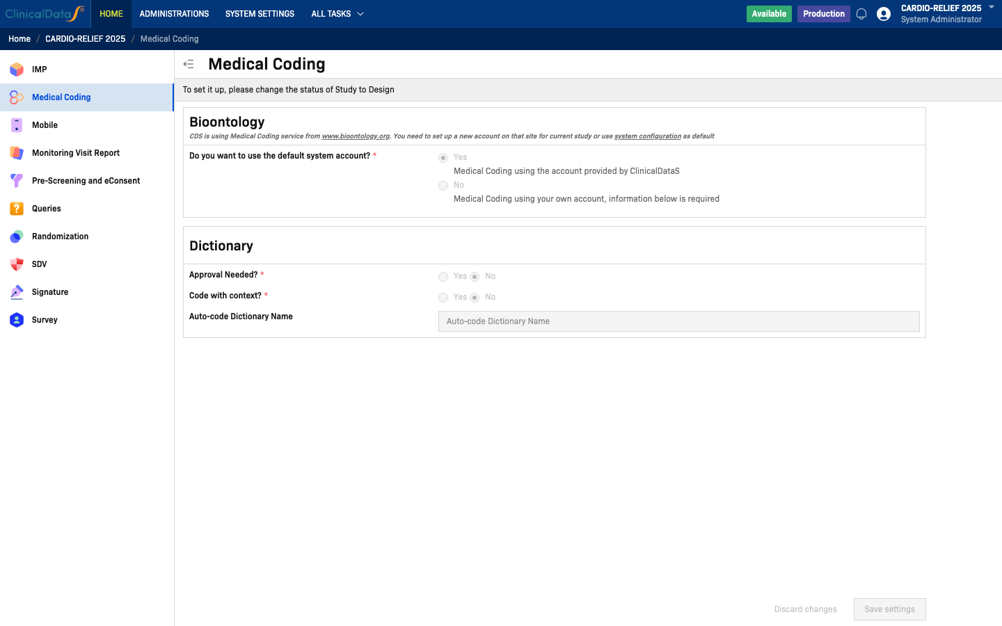 Full Medical Coding configuration page showing the status banner, Bioontology section, and Dictionary section