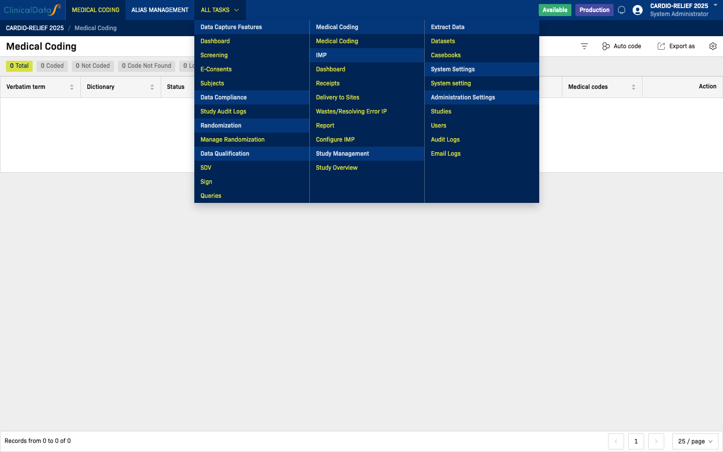 All Tasks dropdown open, showing SDV under Data Compliance section