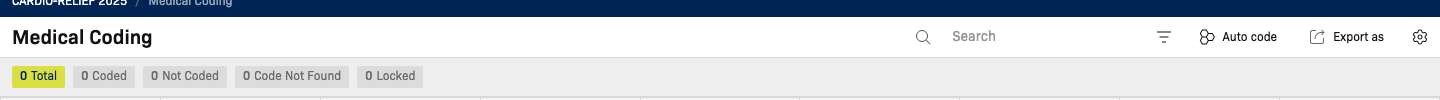Medical Coding toolbar showing summary stats, Auto code button, and Export as button