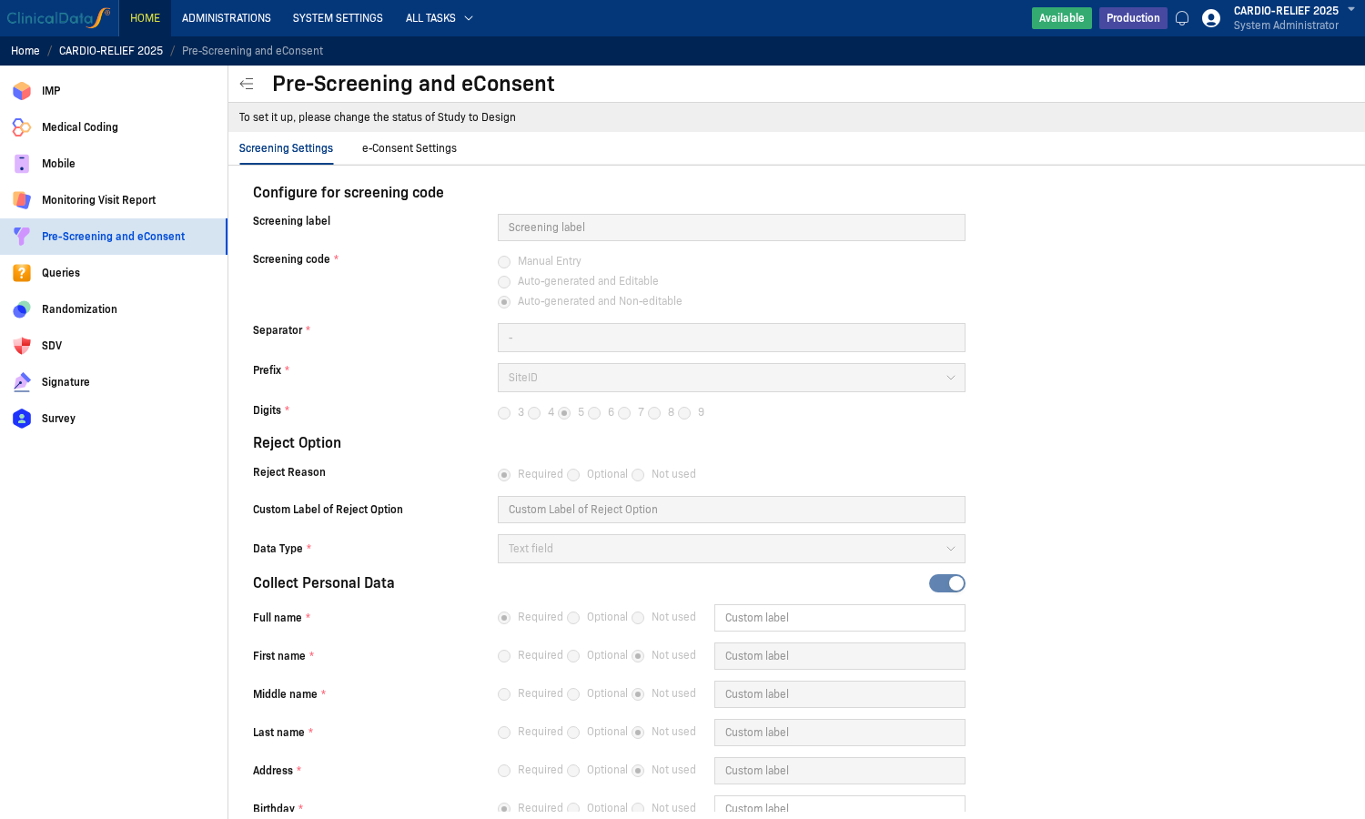Pre-Screening and eConsent app landing page