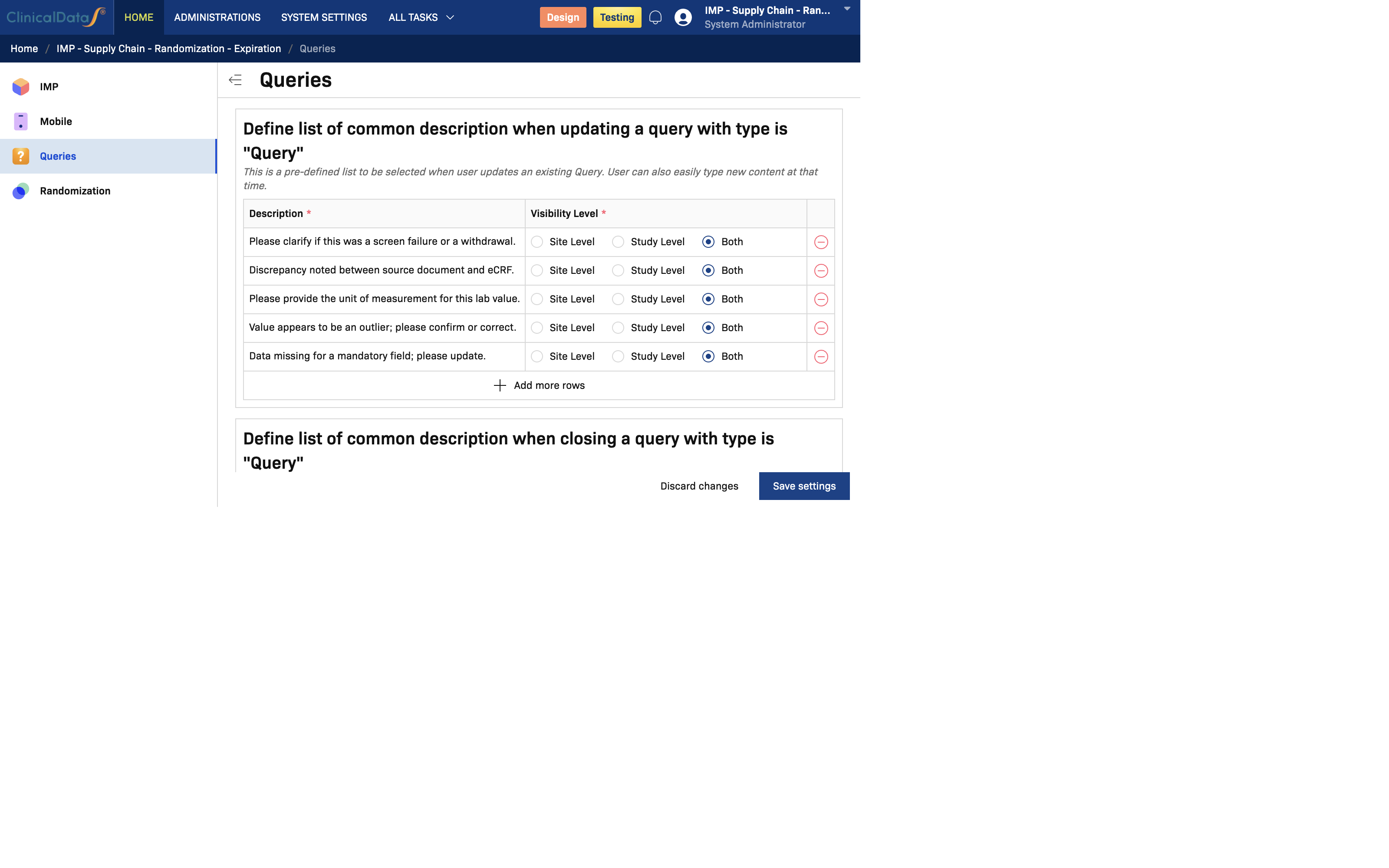 Queries Configuration Page
