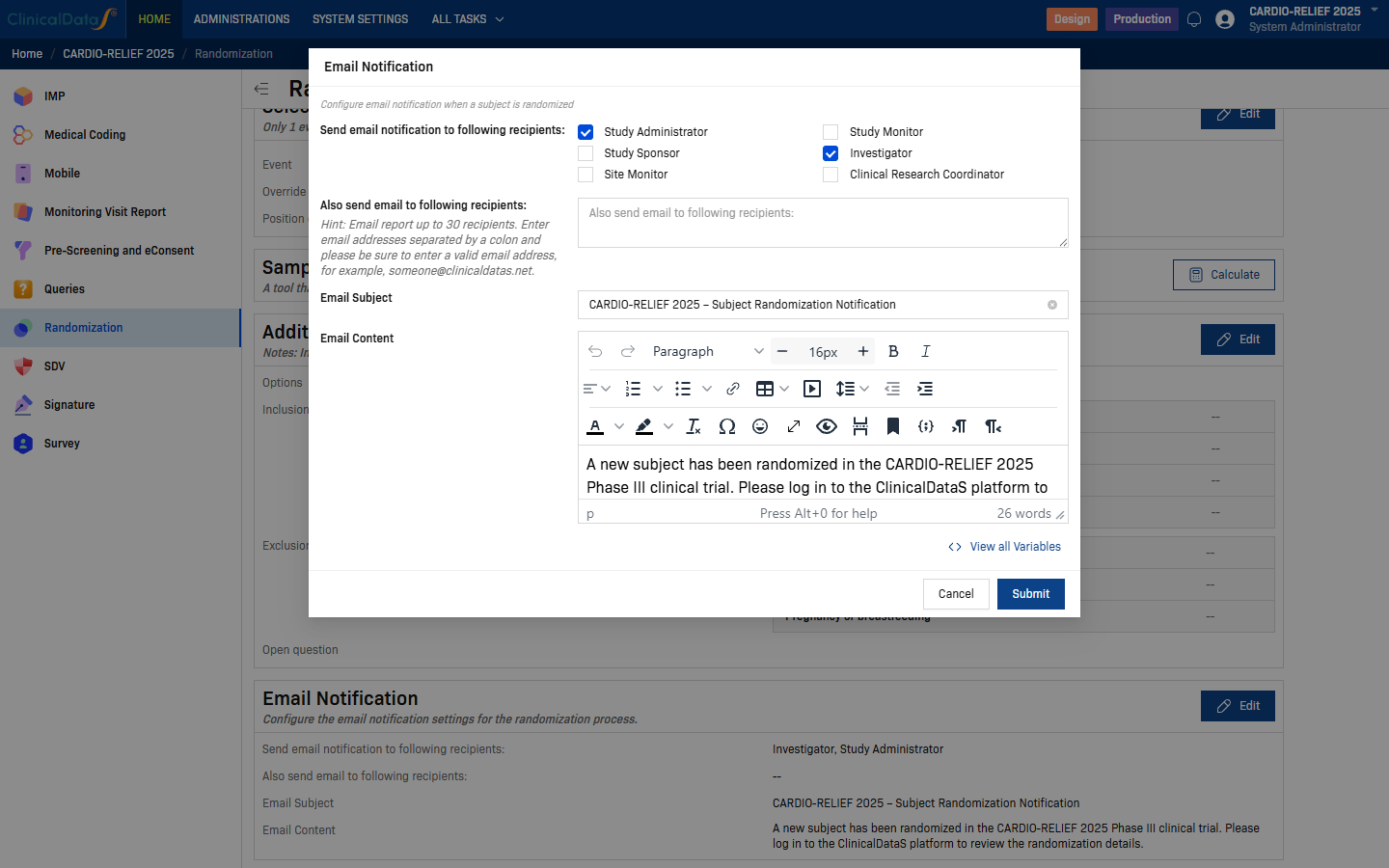 Email Notification dialog