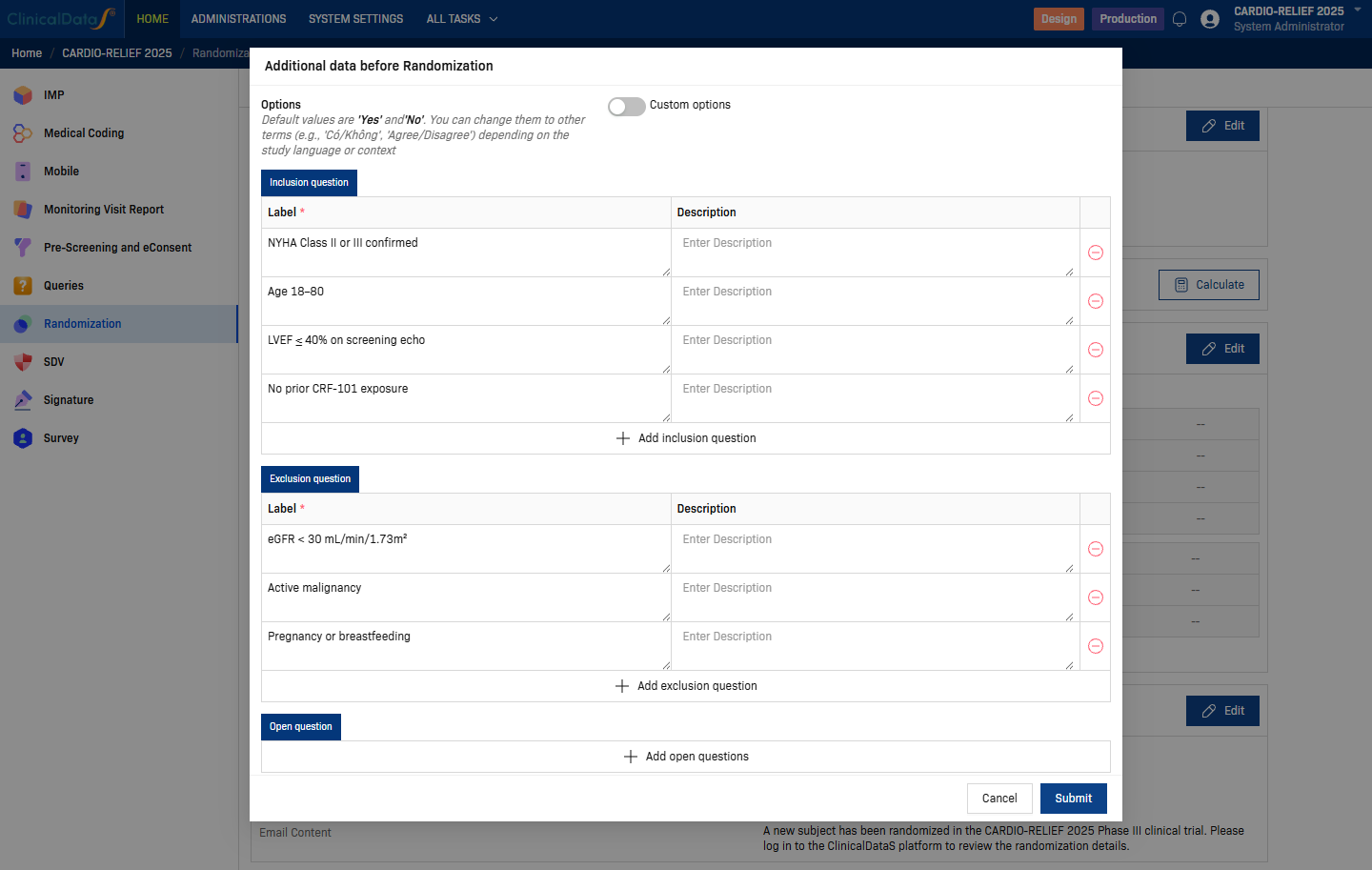 Additional data before Randomization dialog