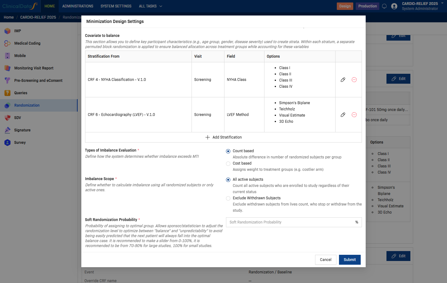 Minimization Design Settings dialog — Types of Imbalance Evaluation, Imbalance Scope, and Soft Randomization Probability