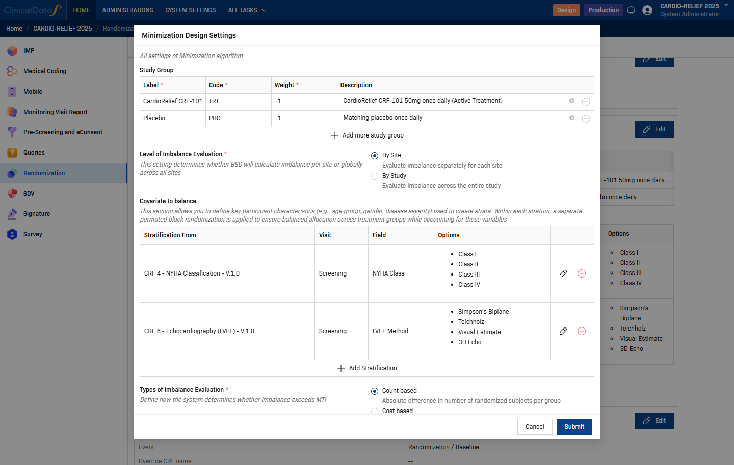 Minimization Design Settings dialog — Study Group, Level of Imbalance Evaluation, and Covariate to balance