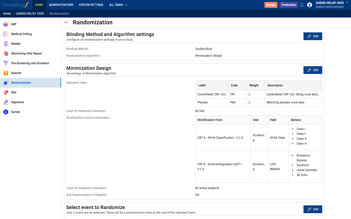Randomization overview page with Minimization Design configured