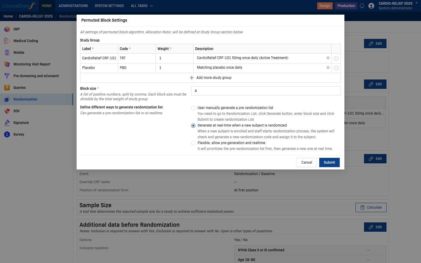 Permuted Block Settings dialog