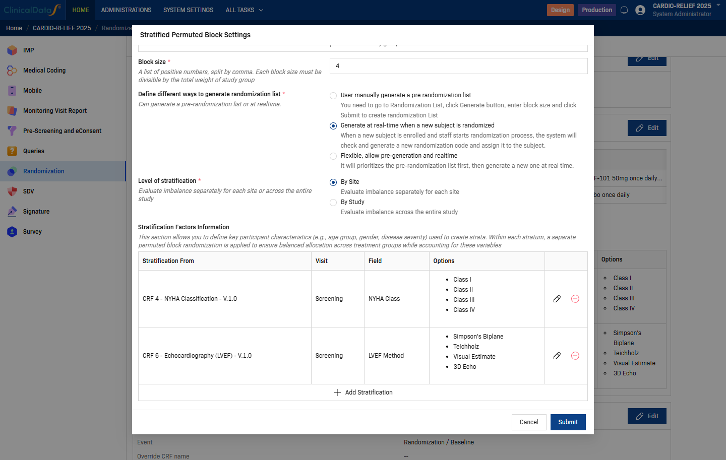 Stratified Permuted Block Settings dialog — bottom: stratification factors table