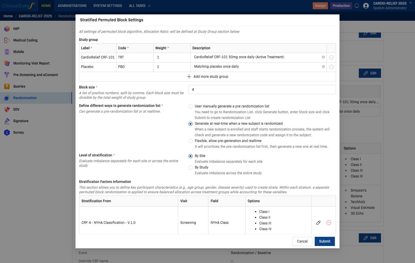 Stratified Permuted Block Settings dialog — top: study groups, block size, list generation, and level of stratification