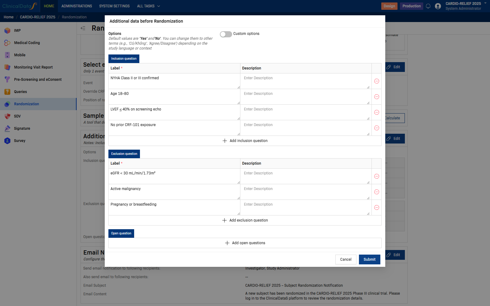 Additional data before Randomization dialog