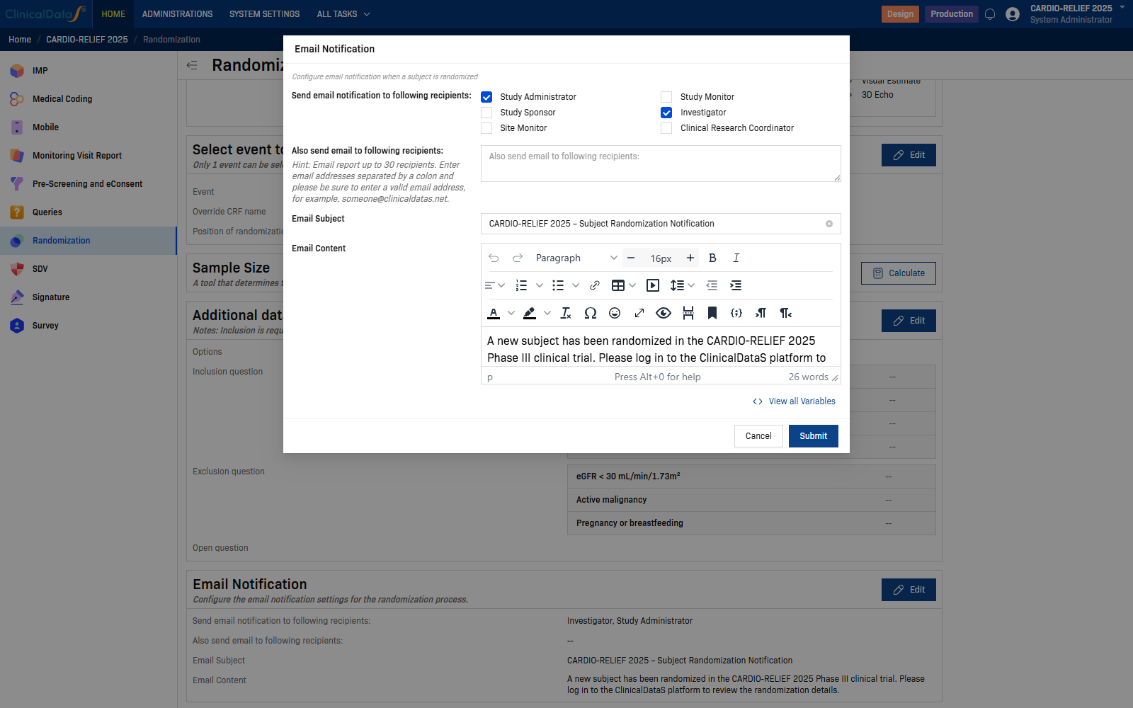 Email Notification dialog