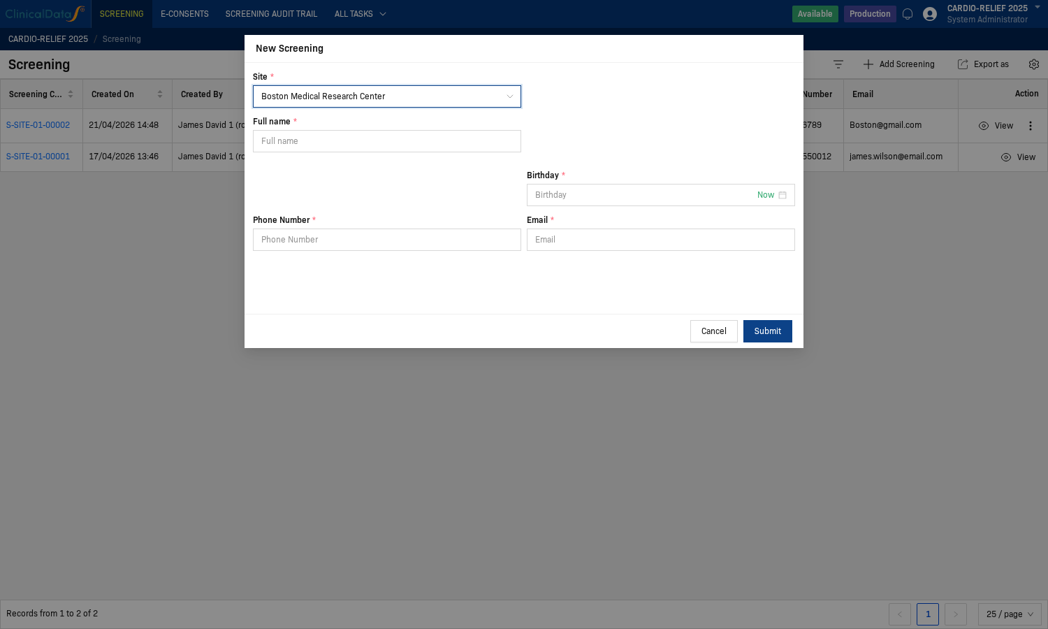 New Screening dialog with Site, Full name, Birthday, Phone Number and Email fields