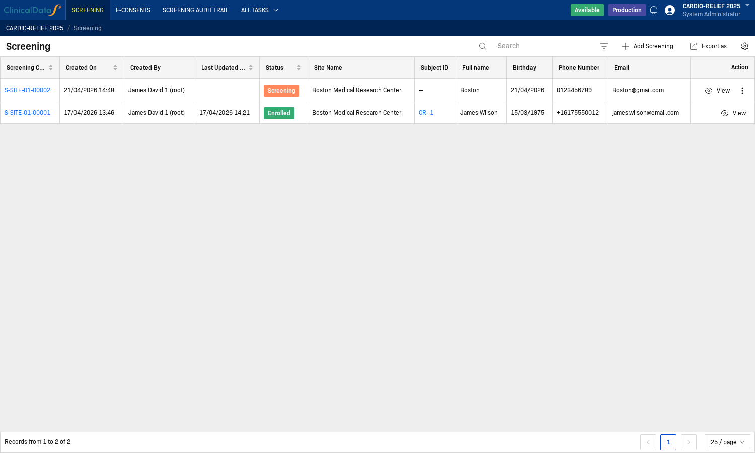 Screening participant list with + Add Screening button