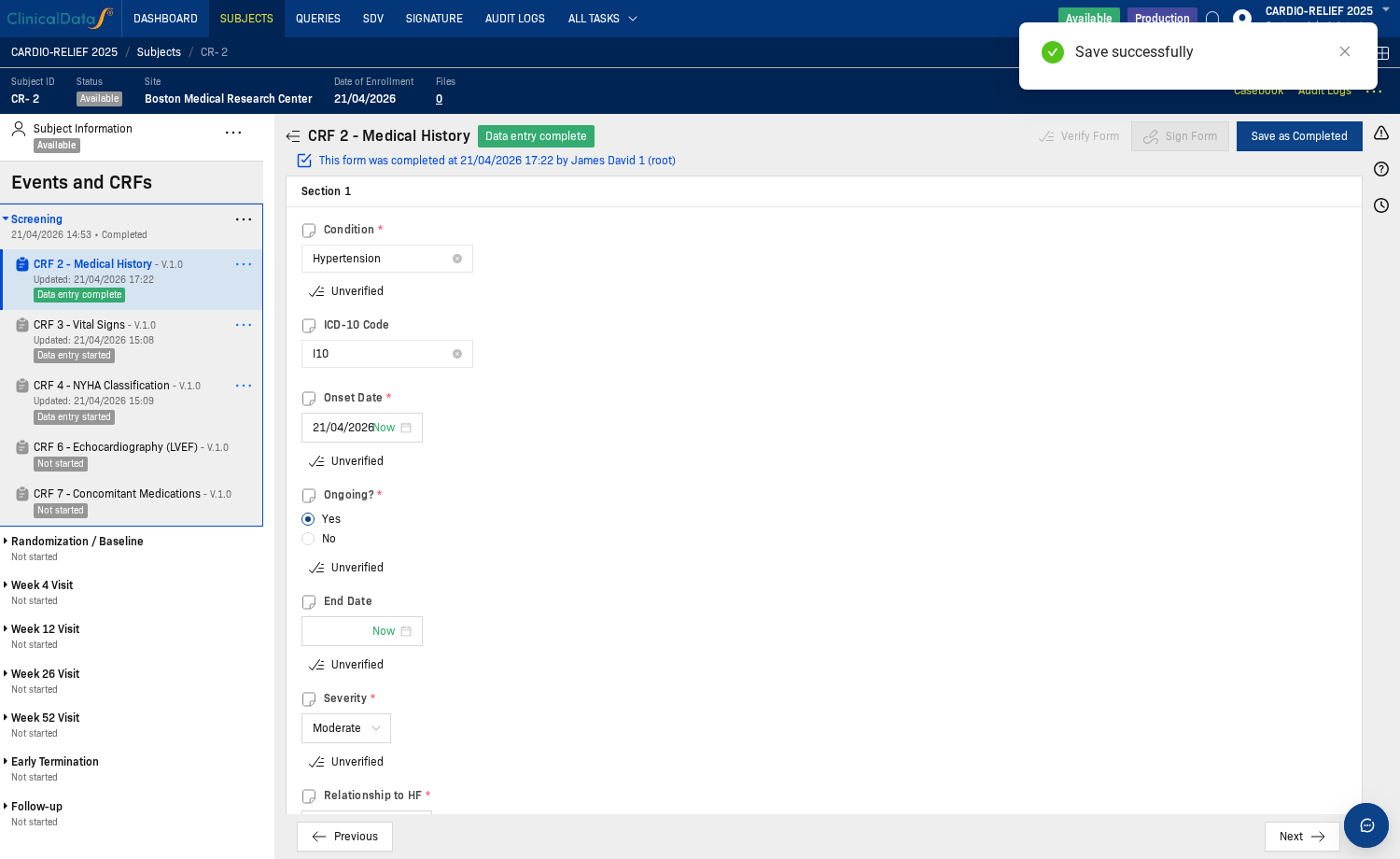 CRF form — fields with Unverified buttons ready to click