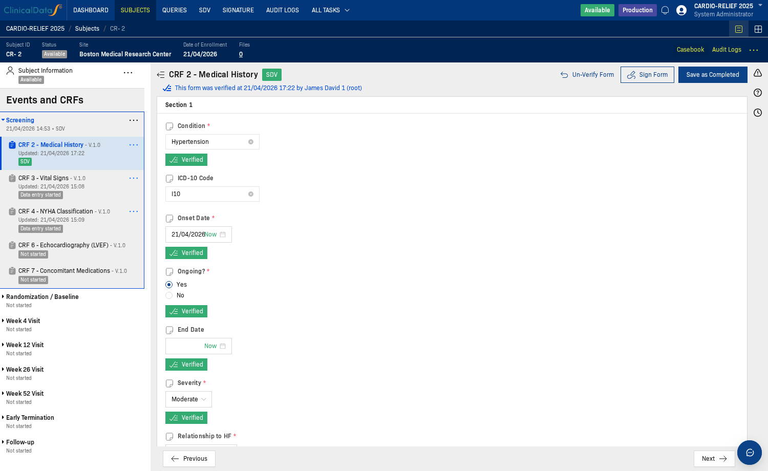 CRF after Verify Form — SDV badge and Un-Verify Form button