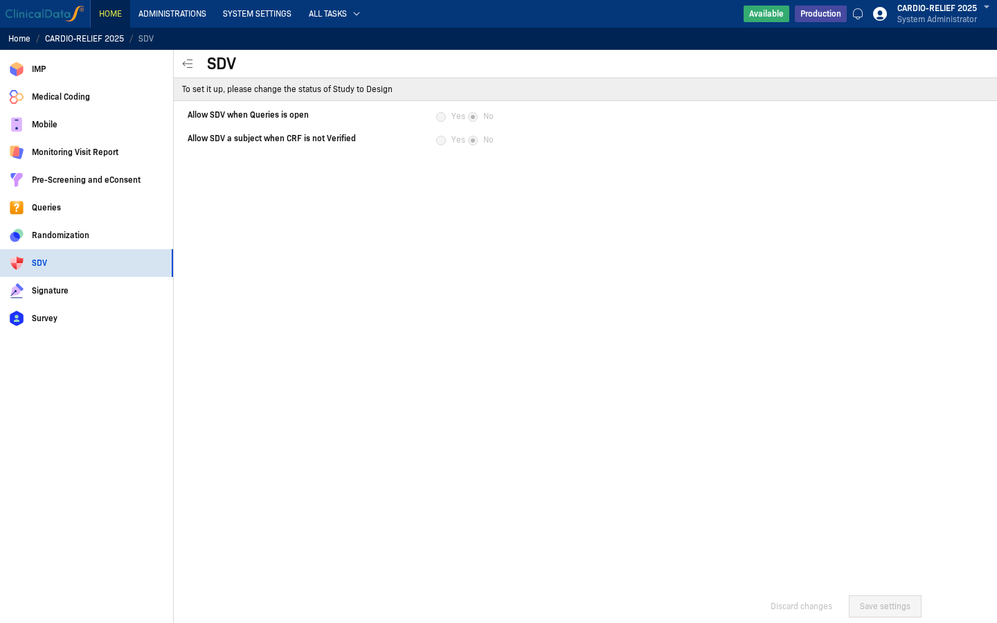 SDV configuration screen
