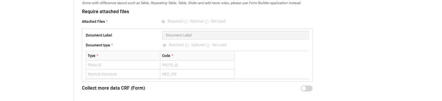 Require attached files section showing document types configuration