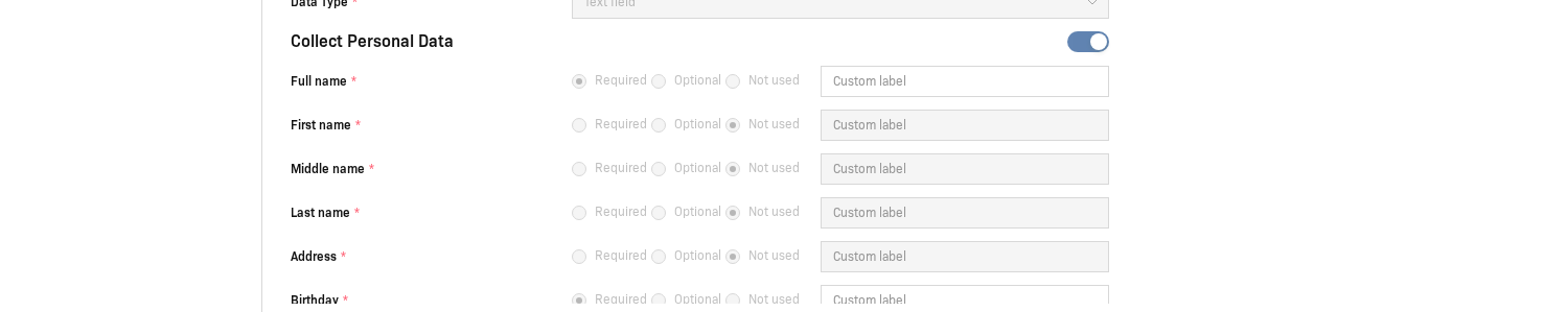 Collect Personal Data section with field configuration