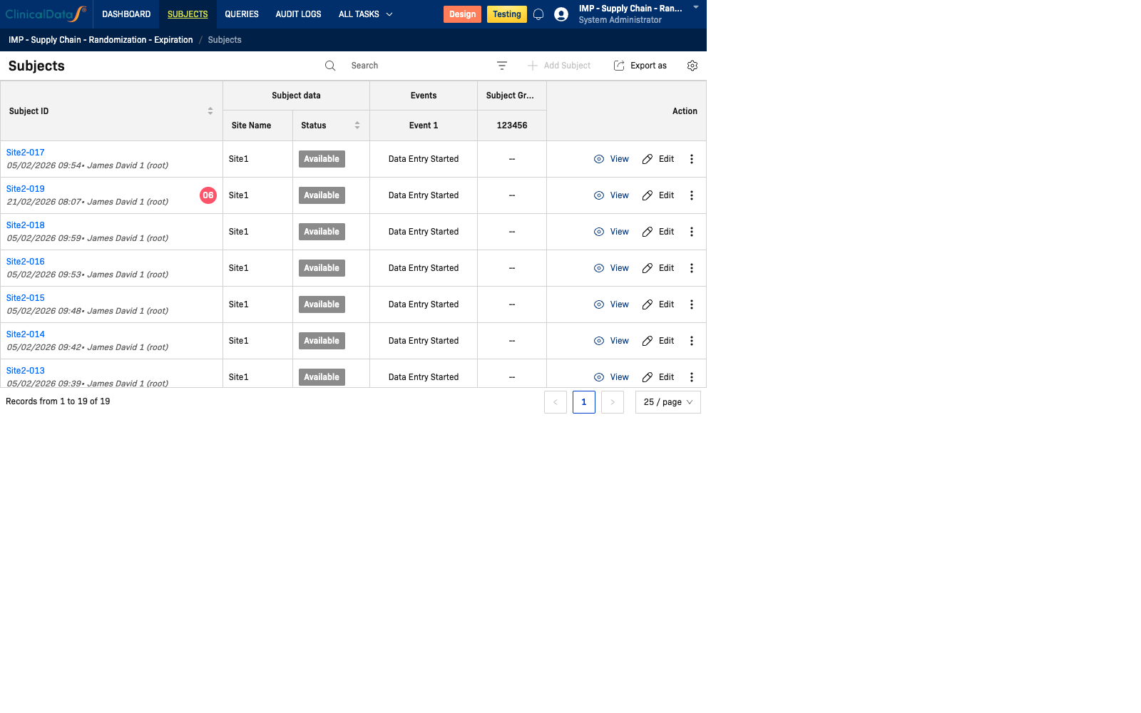 Subjects page with Events/CRF-oriented columns
