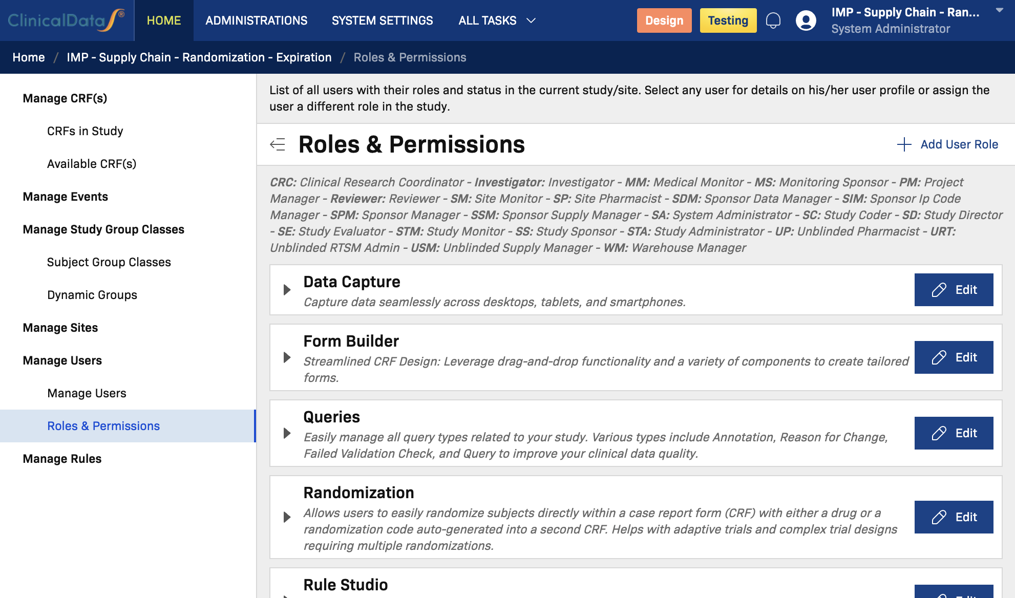 Study-level Roles & Permissions page