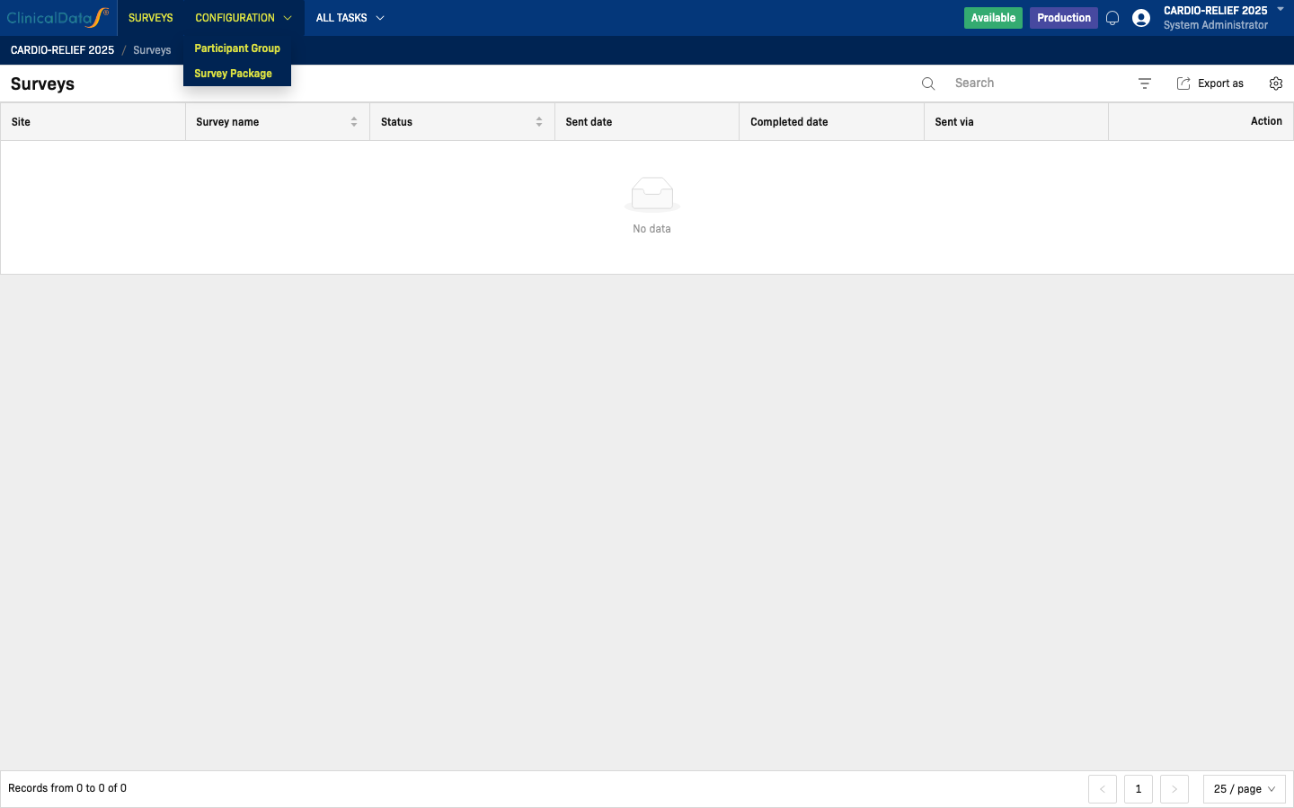 Surveys navigation — Configuration dropdown showing Participant Group and Survey Package