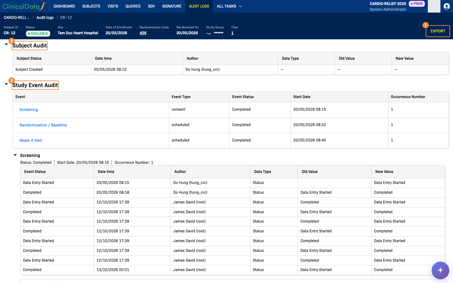 Audit history of one subject with the subject header, the EXPORT button, and the Subject Audit and Study Event Audit sections