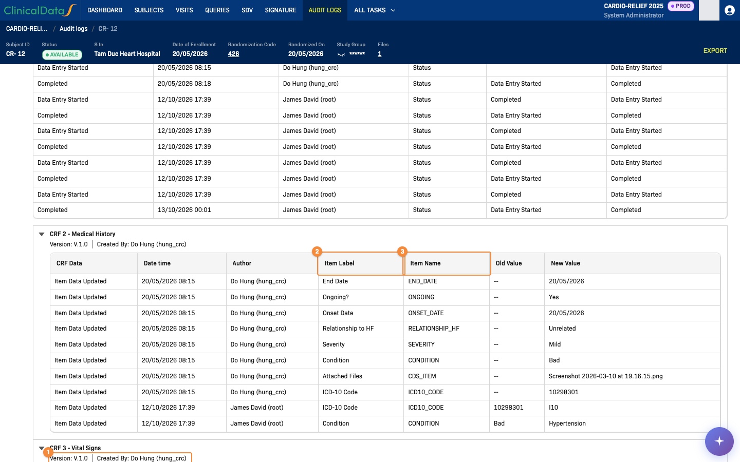 Study Event Audit with the Screening event block expanded, its Event Status table, and the CRF Data table of one CRF