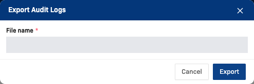 Export Audit Logs dialog with the File name field and the Cancel and Export buttons