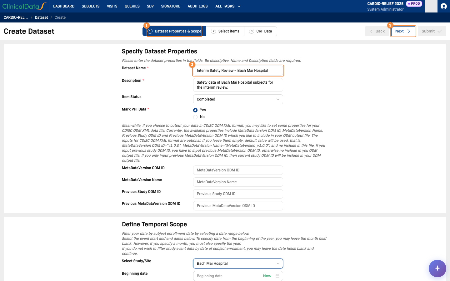 Create Dataset page on the Dataset Properties & Scope step, with the dataset name and description filled in and Bach Mai Hospital selected under Select Study/Site