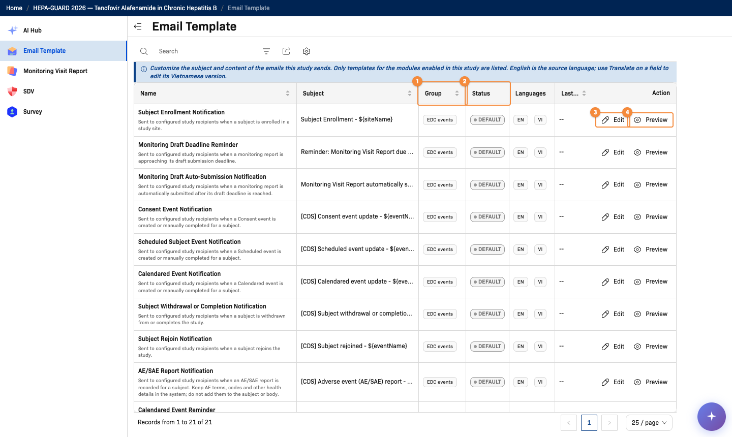 Email Template page of a study with the EDC events templates in Default status and their EN and VI languages