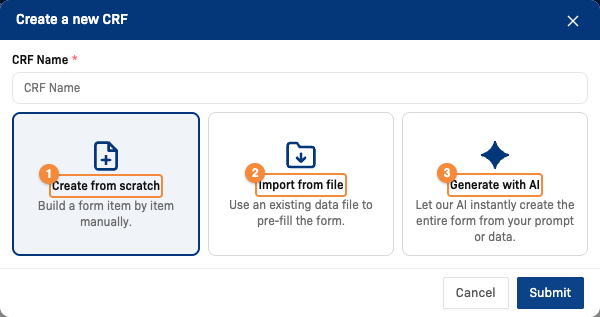 Create a new CRF dialog with the three creation methods