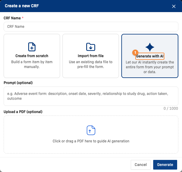 Create a new CRF dialog with Generate with AI selected, showing the Prompt and Upload a PDF fields and the Generate button